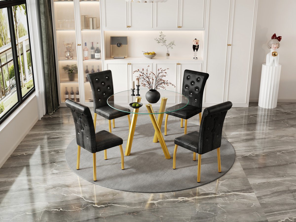 STILVORA Eetkamerset Voor 4 Personen Ronde Glazen Tafel Met Gouden Metalen Poten 4 Zwarte Gestoffeerde Stoelen Modern