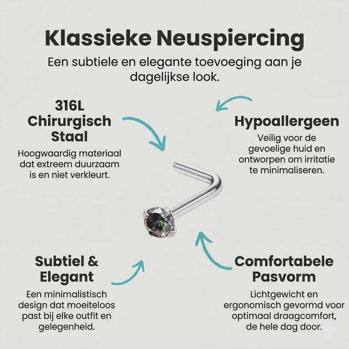 Stalen Neuspiercing Vierkante Zirkonia 2mm – L-Staafje – AB Transparant