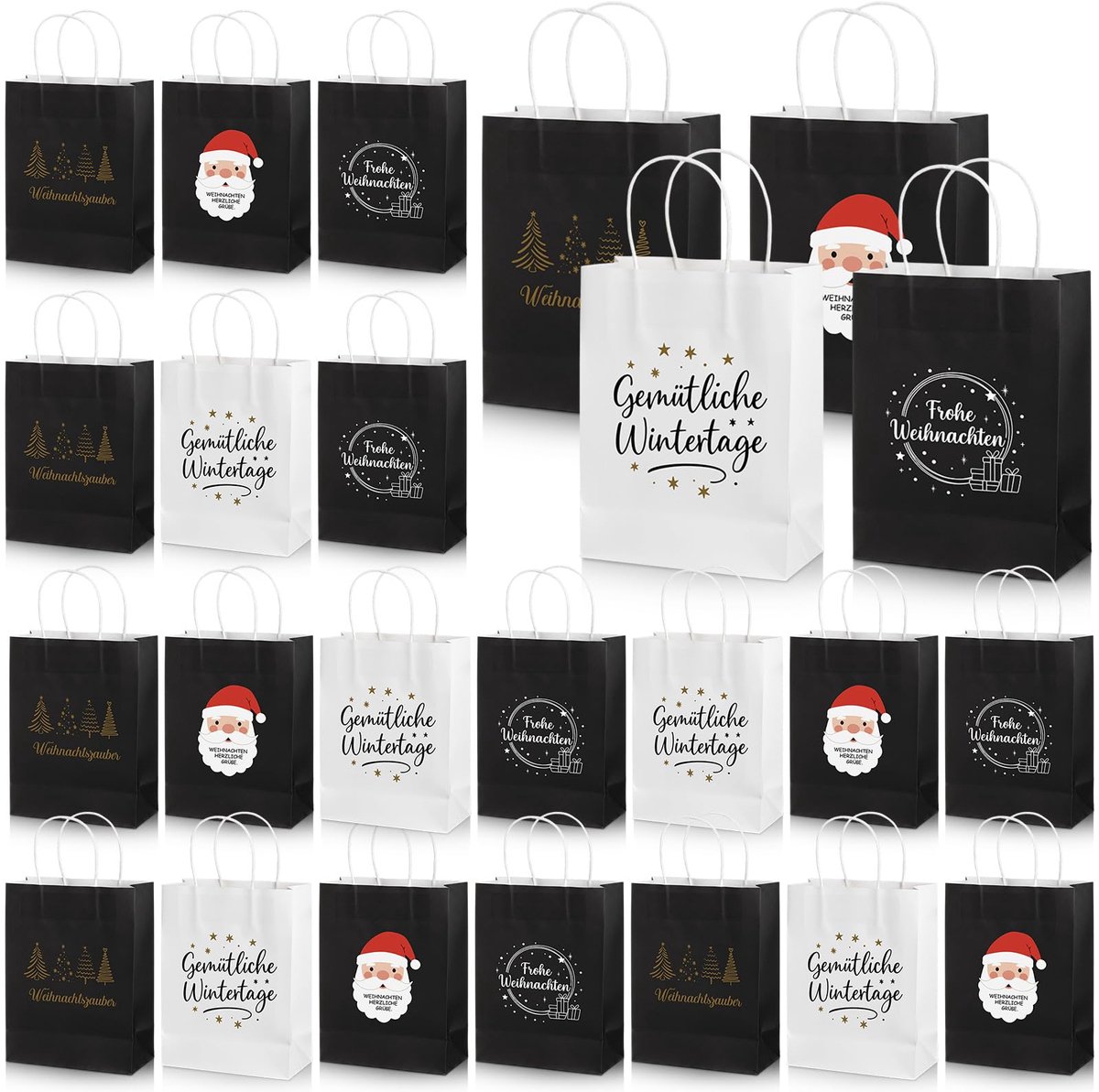 Famanu – Cadeauzakjes met handgrepen, set van 24 stuks voor kerst, kraftpapieren zakjes voor koekjes en snoep