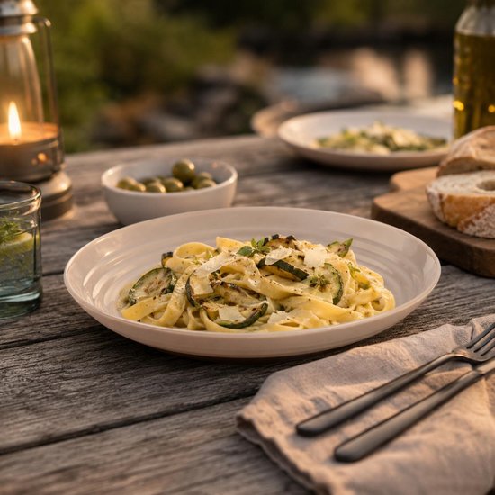 Fettuccine met courgette, Parmezaanse kaas, kruiden en olijven op een beige bord, met een brandende lantaarn ernaast.