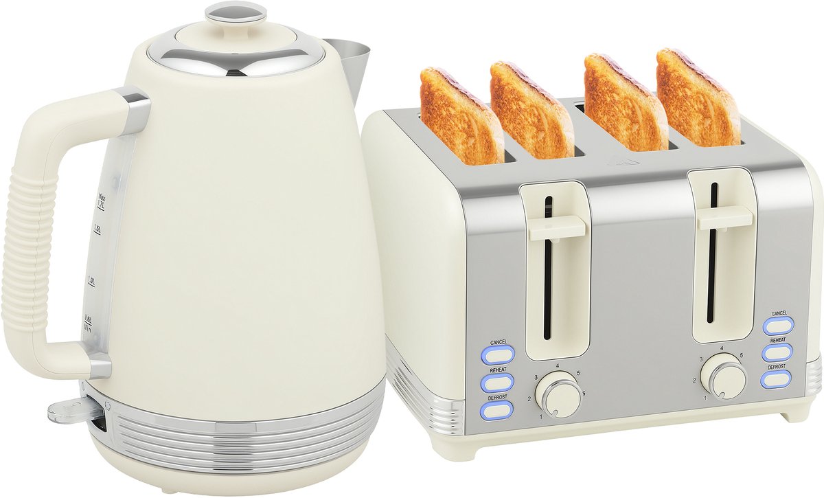 ECTEATOY® Waterkoker en broodrooster set - 1,7 liter, 2200 watt - Strix thermostaat - broodrooster voor 4 sneetjes - 7 bruiningsniveaus, kruimellade - beige