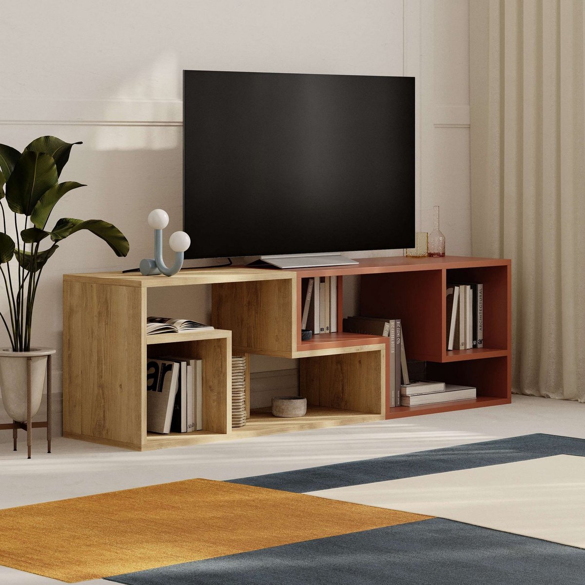 Skye Decor , Tv-standaard, Glis - Sapphire Oak, Cinnamon, Gemelamineerde spaanplaat, Saffier eiken & Kaneel, 145 x 35 x 44,8 cm Saffierkleurige eik