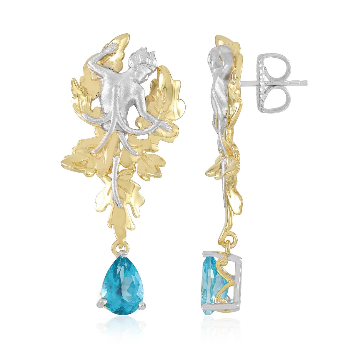 Cavill - 4,14 ct Braziliaanse Paraiba Blauwe Topaas - 925 Sterling Zilver met Palladium - Peervormige Luxe Oorbellen met 3D Gouddetails