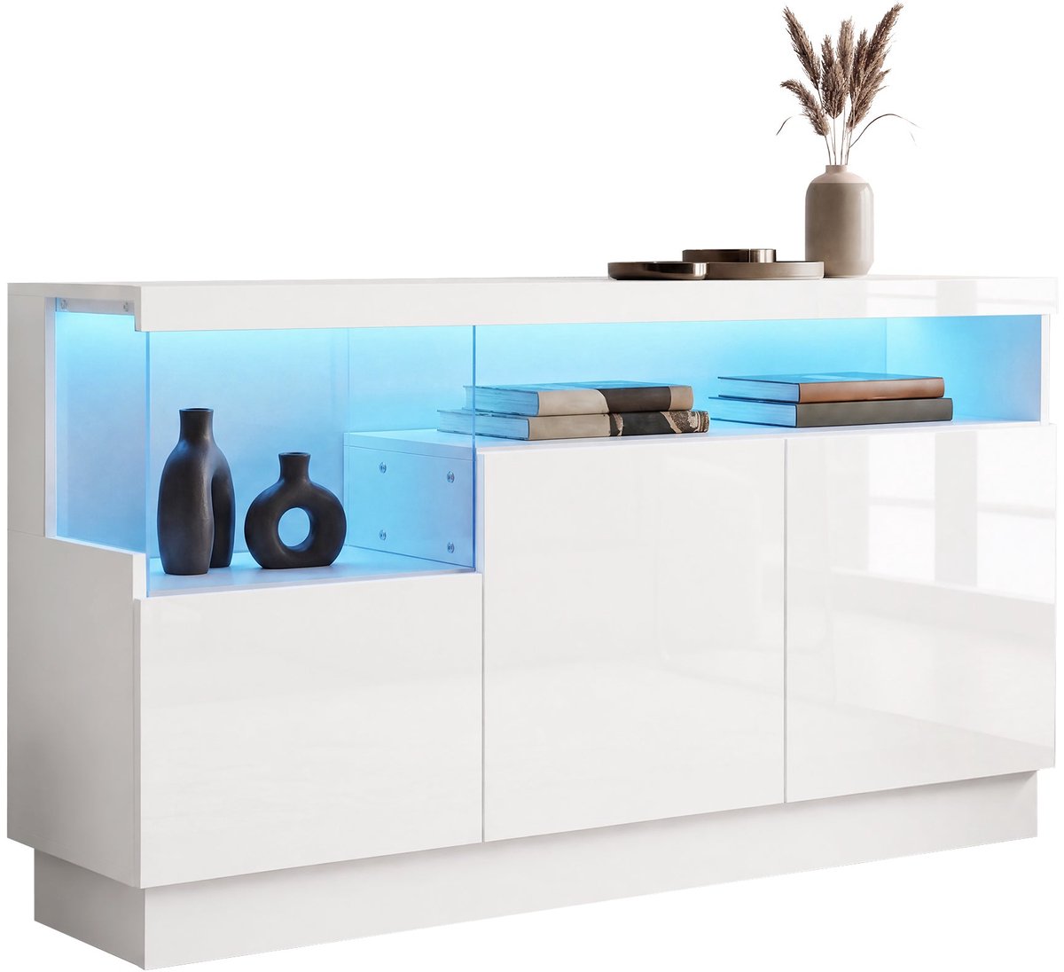 Merax Dressoir 140 cm - Wit - Hoogglans - Ledverlichting met Kleurenkeuze - Acrylvak - 3 Deuren - Opbergkast