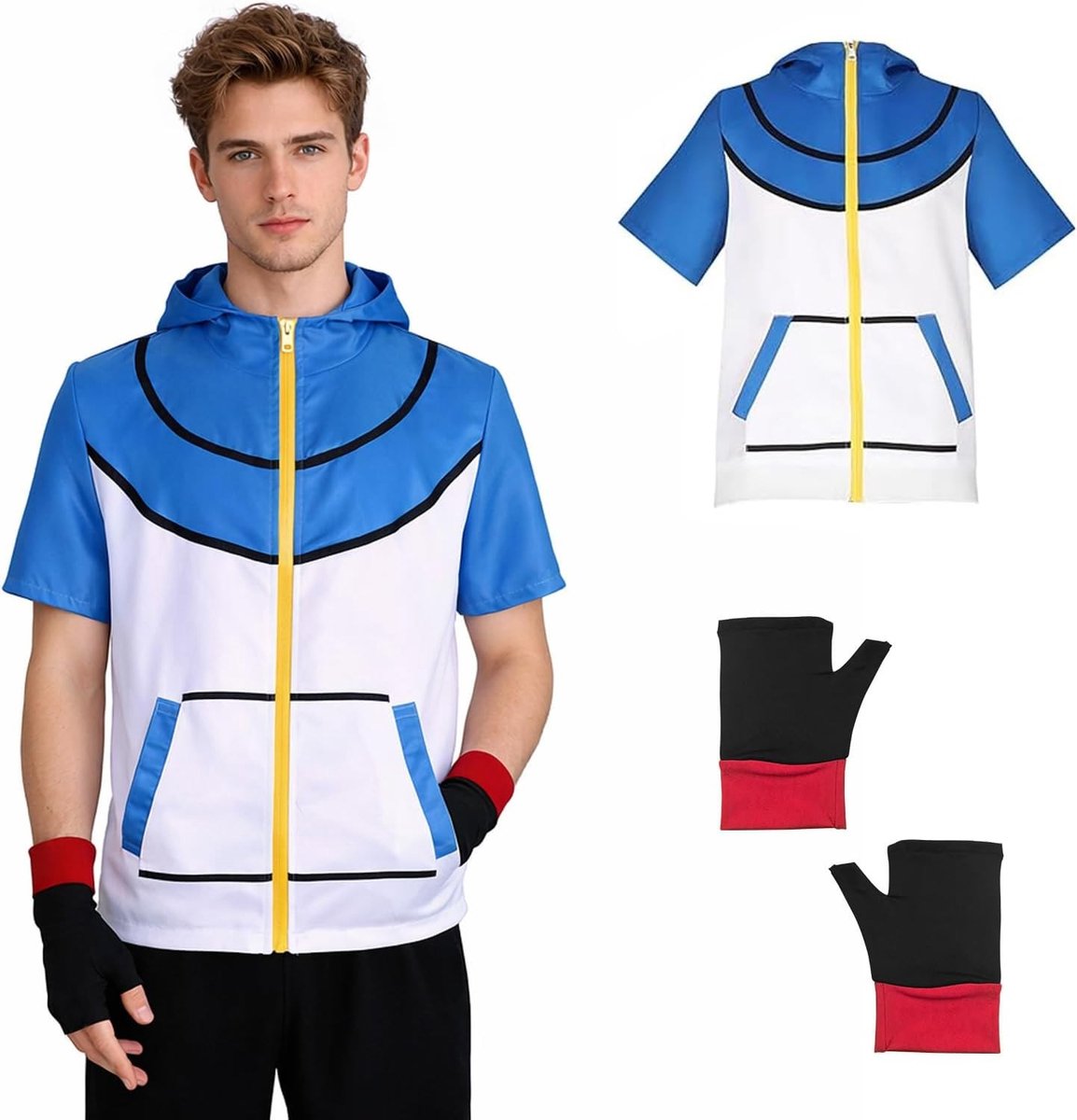 Anime Cosplay Kostuum met Handschoenen, Blauw-Witte Hoodie en Jacket Set voor Carnaval, Halloween en Themafeesten, Unisex Outfit voor Dagelijks Gebruik (M)