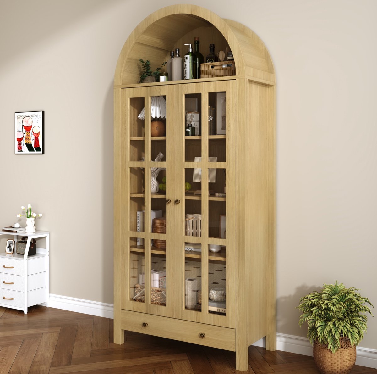 FloraGrace Vitrinekast - Bogenvormig Design Met Transparante Acryldeuren En Lade - Voor Woonkamer En Bureau - MDF - Naturel - 75x35x170,5 Cm