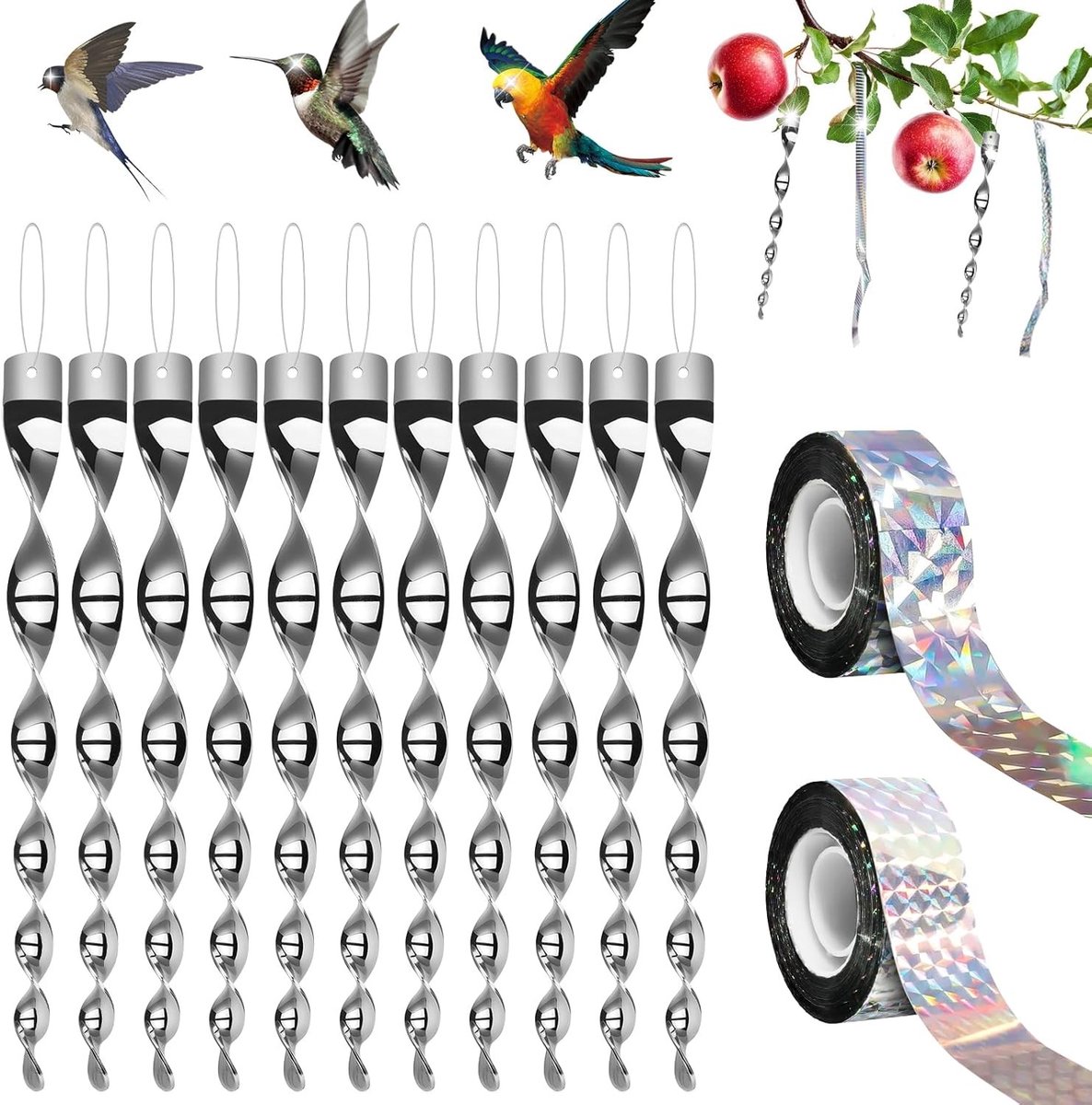 Reflecterende Windspiralen Set van 12 Schrikvogels en 2 Stuks Vogelafschrikking voor Effectieve Vogelbescherming en Houtpeckerafscherming