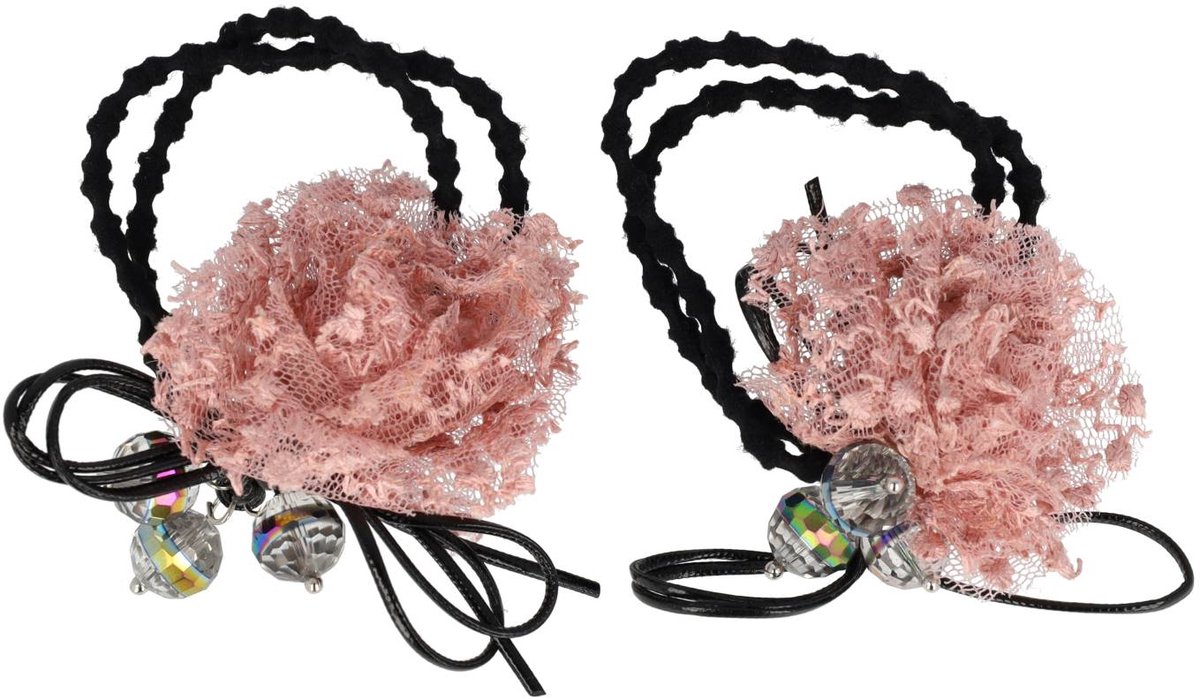 Haarsoires Haarelastieken – Bloem 4cm – Kanten Stof - Facetkralen – Roze – Set van 2