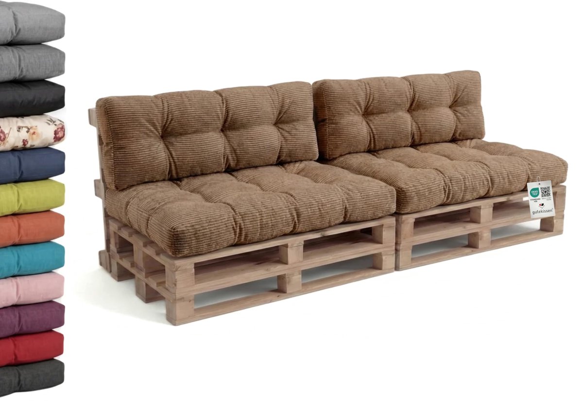 Famanu – Set van gewatteerde palletkussens, cord, tuinkussens gevuld met korrelig schuim, 2x zitkussen 120x80 + rugleuning 120x40, lichtbruin