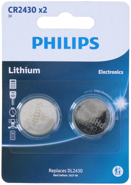 Philips CR2430 lithium knoopcelbatterijen, 2 stuks in blisterverpakking.
