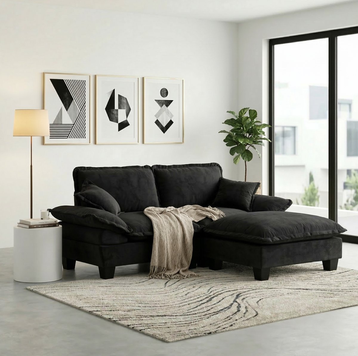 DESMIU Hoekbank 3-Zits - Modulair Met Verplaatsbare Ottomane En 2 Kussens - Voor Woonkamer En Appartement - Chenille - Zwart
