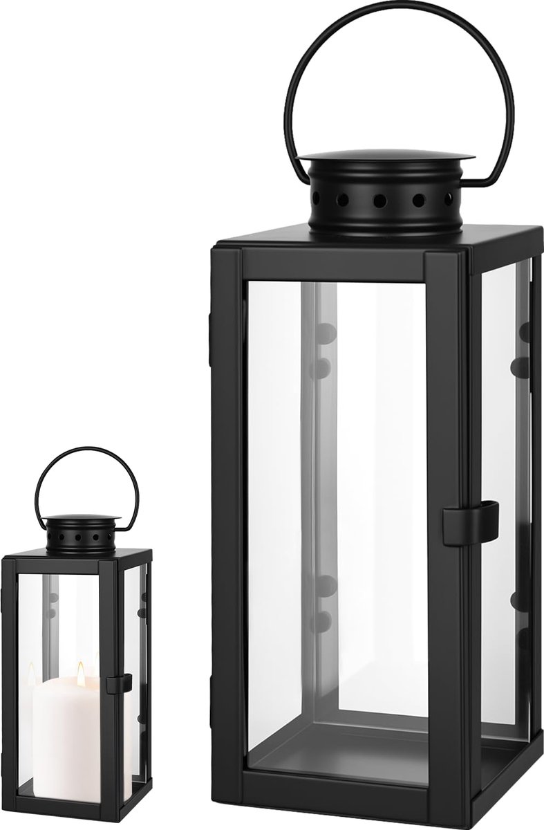 Famanu Buiten lantaarn van zwart metaal, windlicht van 24 cm, weerbestendig, vintage kaarsenstandaard voor tuin en balkon