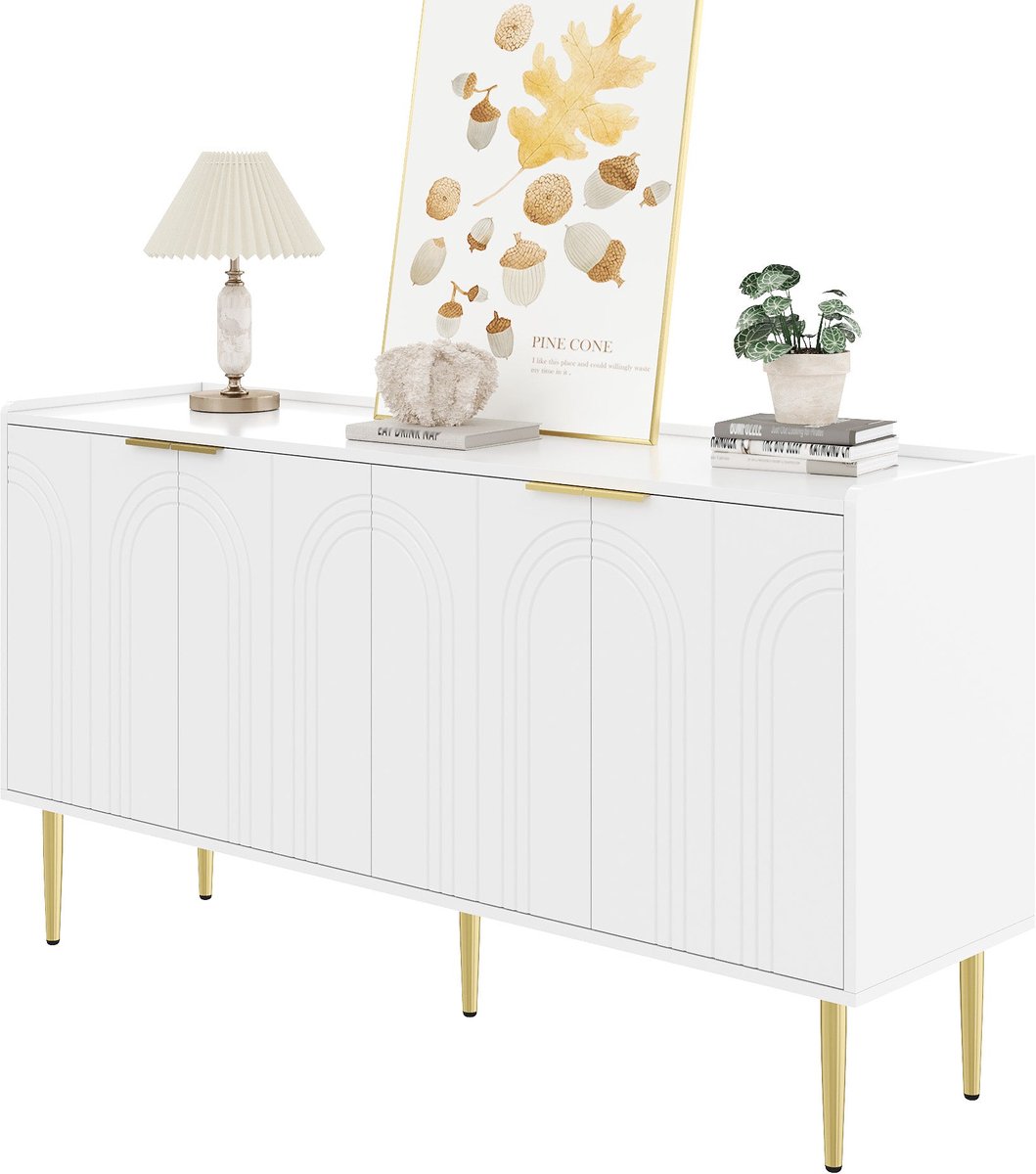 Merax Dressoir 140 cm – Witte Opbergkast met 4 Deuren - Verstelbare Planken en Goudkleurige Poten