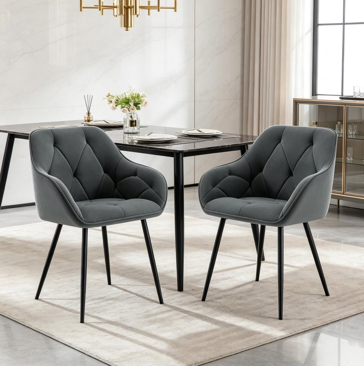 OKWISH Eetkamerstoel Set van 2 – Kuipstoel met Armleuningen en Ergonomische Rugleuning – Voor Eetkamer, Woonkamer en Werkkamer – Velvet – Donkergrijs
