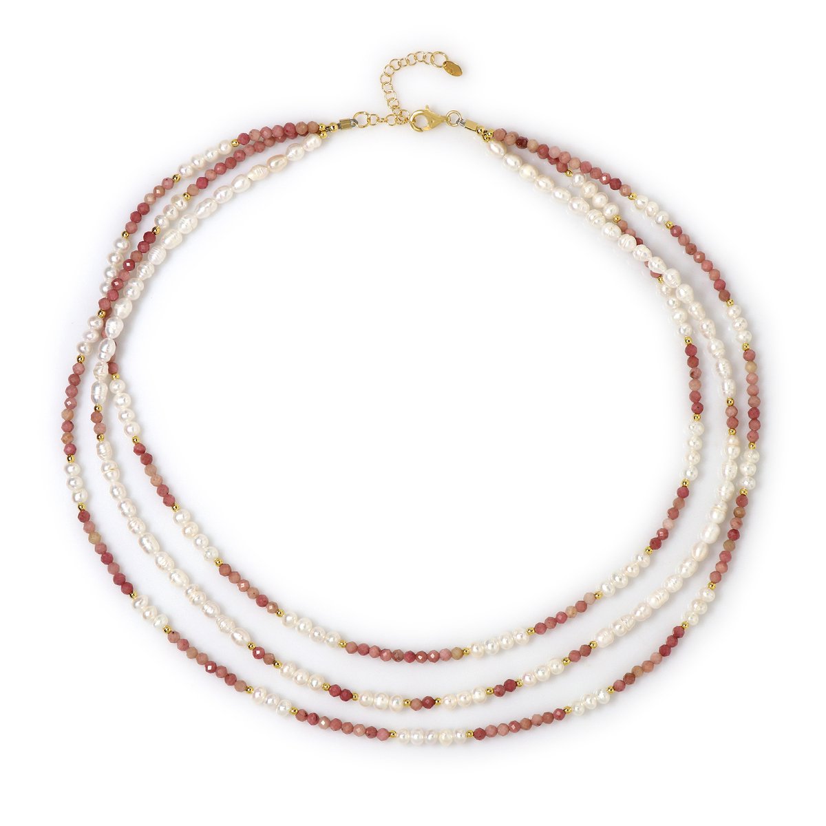 Cavill - Elegante Damesketting 925 Sterling Zilver Verguld - 38,96 ct Facet Rhodoniet & 10,07 ct Zoetwaterparels - Verstelbaar