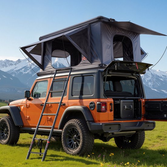 VEVOR Hard Shell Daktent voor 2-3 Personen, Aluminium Kampeertent met Driekleurige Led-Verlichting & 2 Ramen, Waterdicht & Winddicht, voor Jeep SUV Pick-Up 212 X 132 X 95 cm (Uitgeklapt) — afbeelding 2