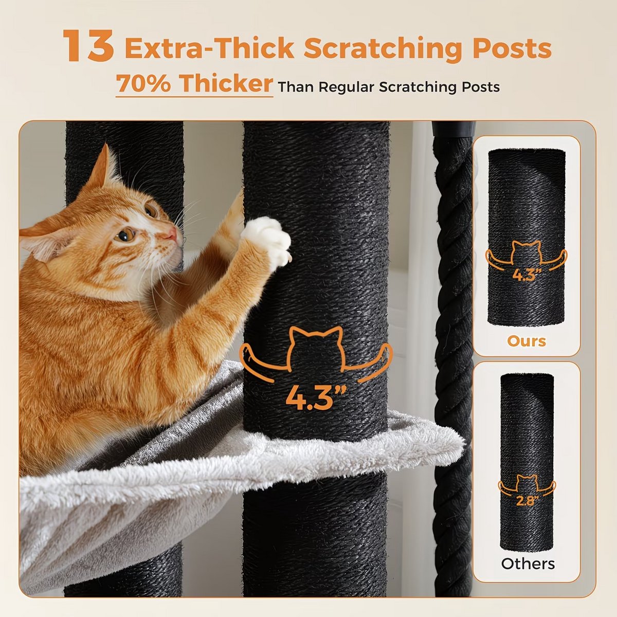 NordPaw® Krabpaal XXL voor Grote Katten 170 cm - Kattenboom met 7 Niveaus - 3 Hangmatten - Extra Groot Kattenhuis - 11 Sisal Krabpalen - Geschikt voor Maine Coon & Meerdere Katten - Zwart/Grijs – foto 2