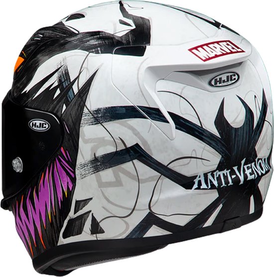 Witte motorhelm met de Marvel Anti-Venom print. "ANTI-VENOM" tekst op de zijkant. Zwarte, paarse, oranje accenten.