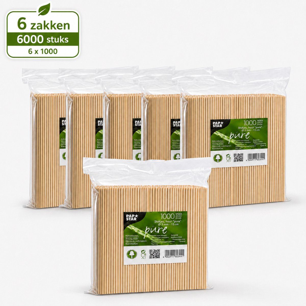 PAPSTAR Houten Stokjes Pure – 6000 Stuks – 6 x 1000 – 15 cm – Ø 3 mm – Berkenhout – Voor Cake Pops en Suikerspin