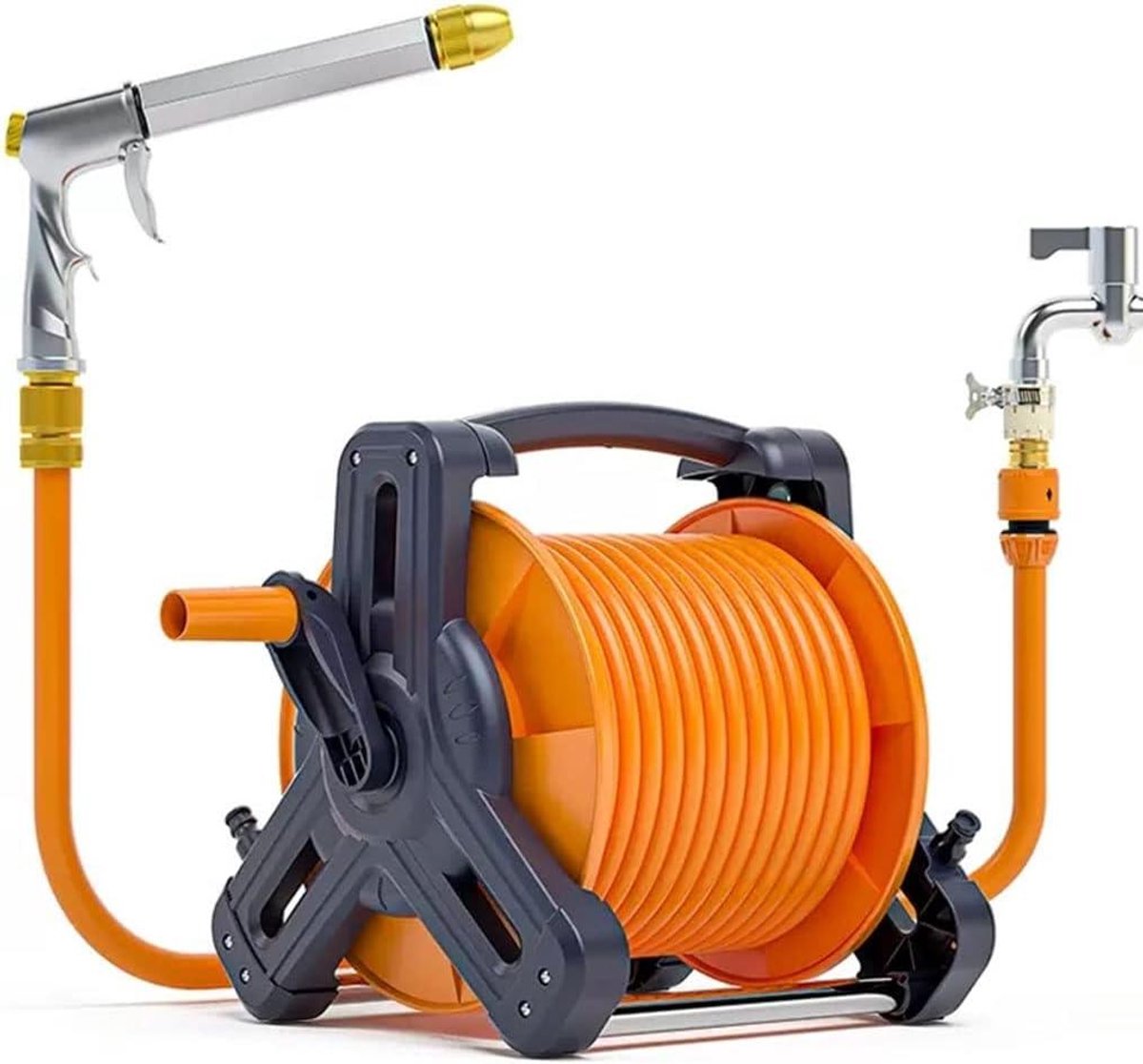Slanghaspel Tuinslang - Waterwagen Draagbaar - Tuin Water Geven - Draagbaar Wandmontage - 10 Meter Slang - Grijs Oranje
