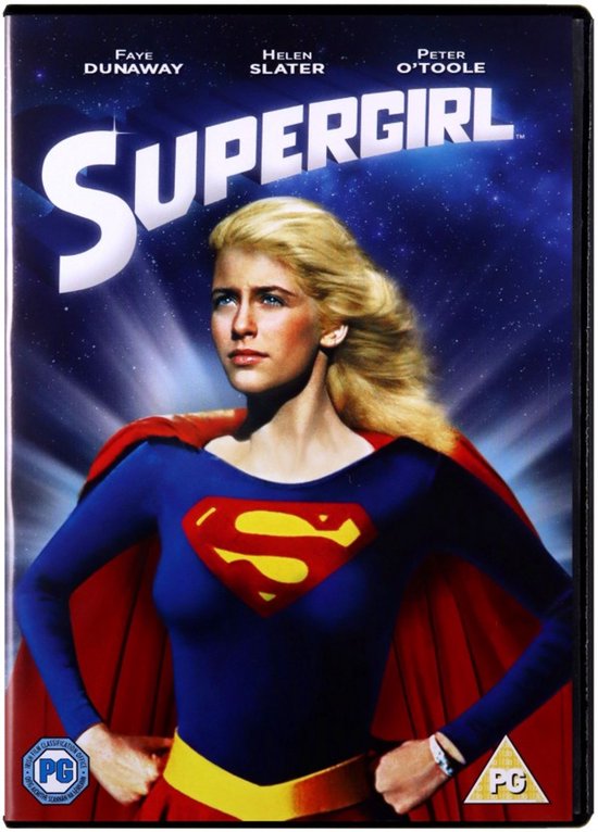Helen Slater als Supergirl met een rode cape en blauw kostuum met het S-schild tegen een blauwe sterrenhemel.
