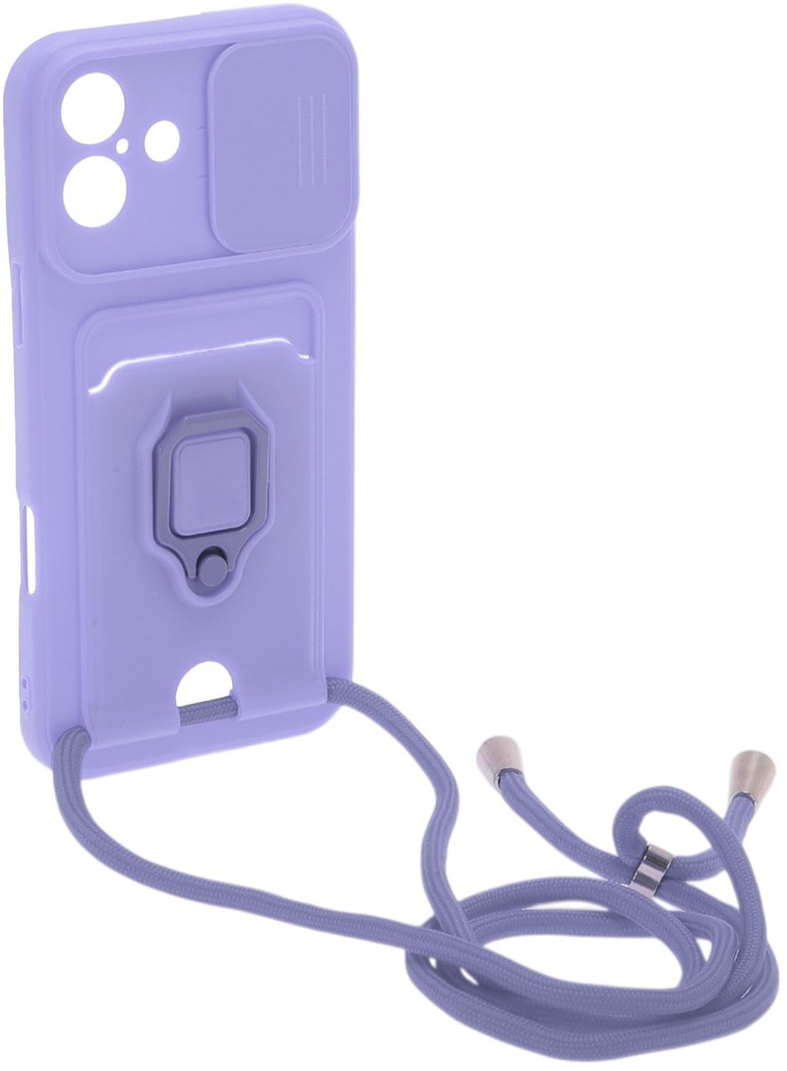 Dailygoods- Telefoonhoesje met koord - iPhone 16 - beschermhoes - ringstandaard - verstelbare halsketting - schuifcamera-afdekking - 360 graden draaibaar - Telefoonhoes