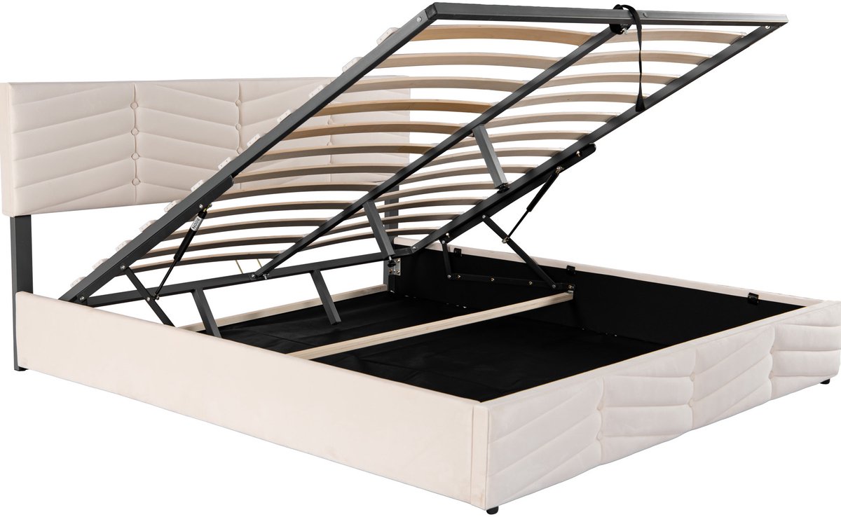 COVREO Bedframe 160x200 cm - beige, stof, opbergruimte, zonder matras