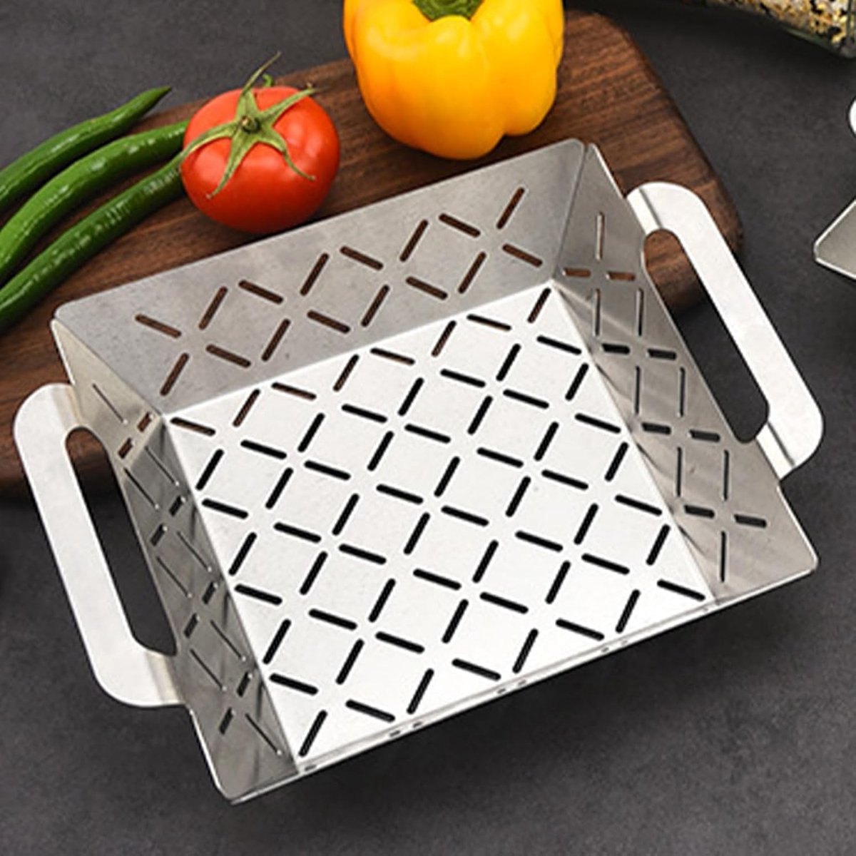 Groentegrillmandje - Grillrooster - Buiten koken - Roestvrij staal - 26.5 cm - Zilver