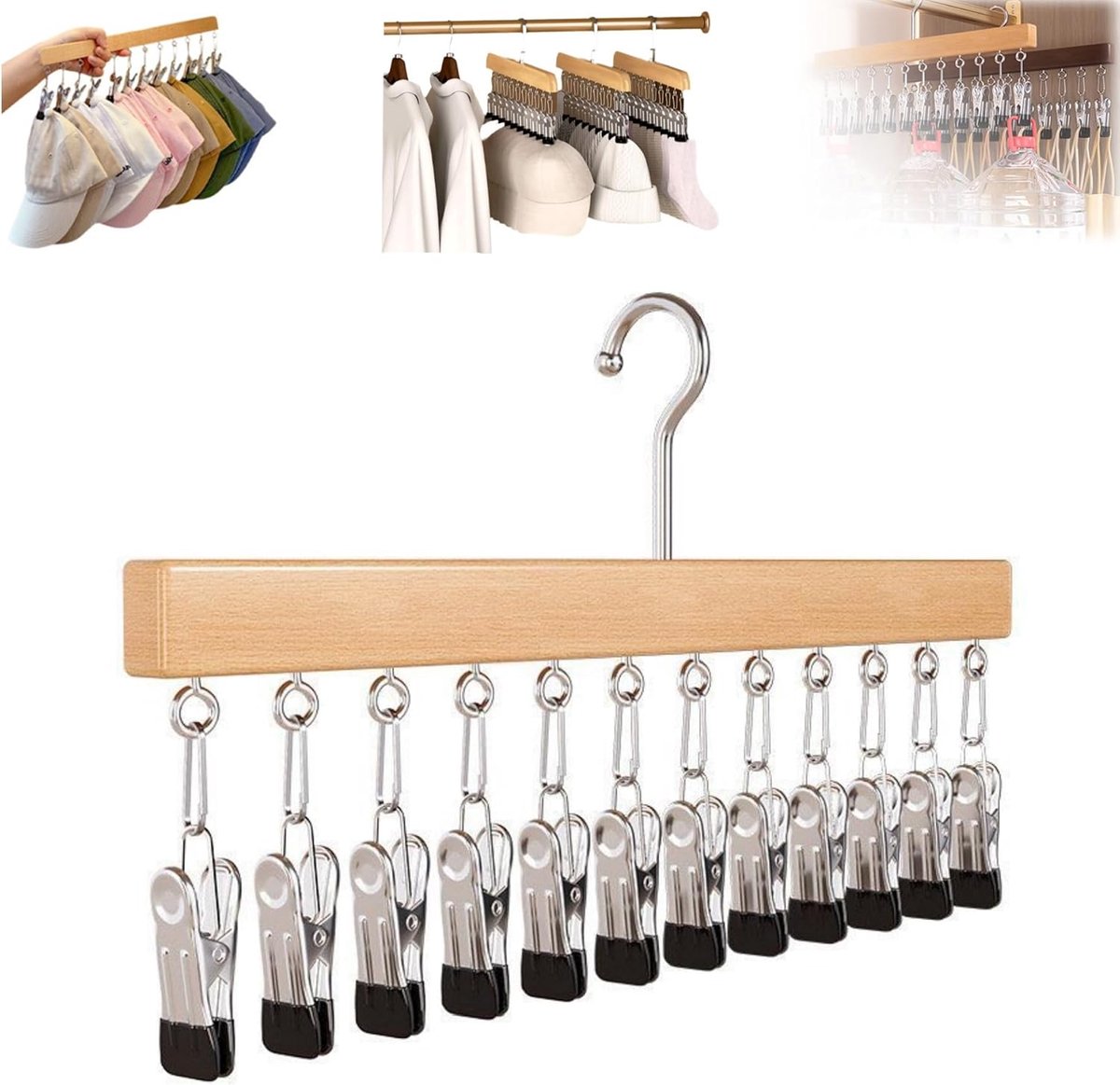 Ulisem - Kledinghanger met 12 knijpers - Ruimtebesparende opberghanger - Verticale opslag voor broeken, rokken en sjaals - Stevig metalen frame met 360° draaihaak - Ook voor handdoeken en accessoires - Voor kast en studentenkamer - Natuurlijke