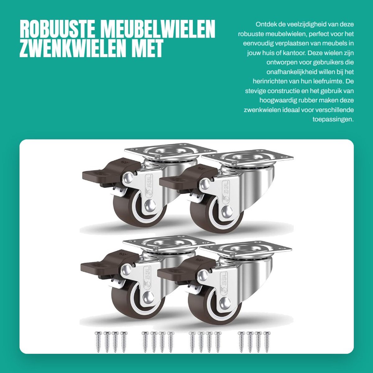 Dailygoods- Meubelwielen Robuust met Remmen - Zwenkwielen Set van 4 - Zwenkwielen met Schroefdraad - Rubber Trolleywielen - 360 Graden Draaibaar