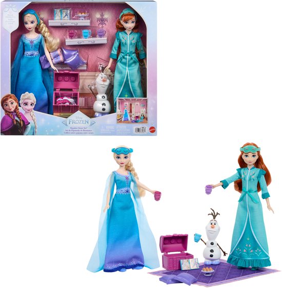 Disney Frozen Slaapfeestje van zussen - Met modepoppen Anna en Elsa en Olaf - 14 accessoires