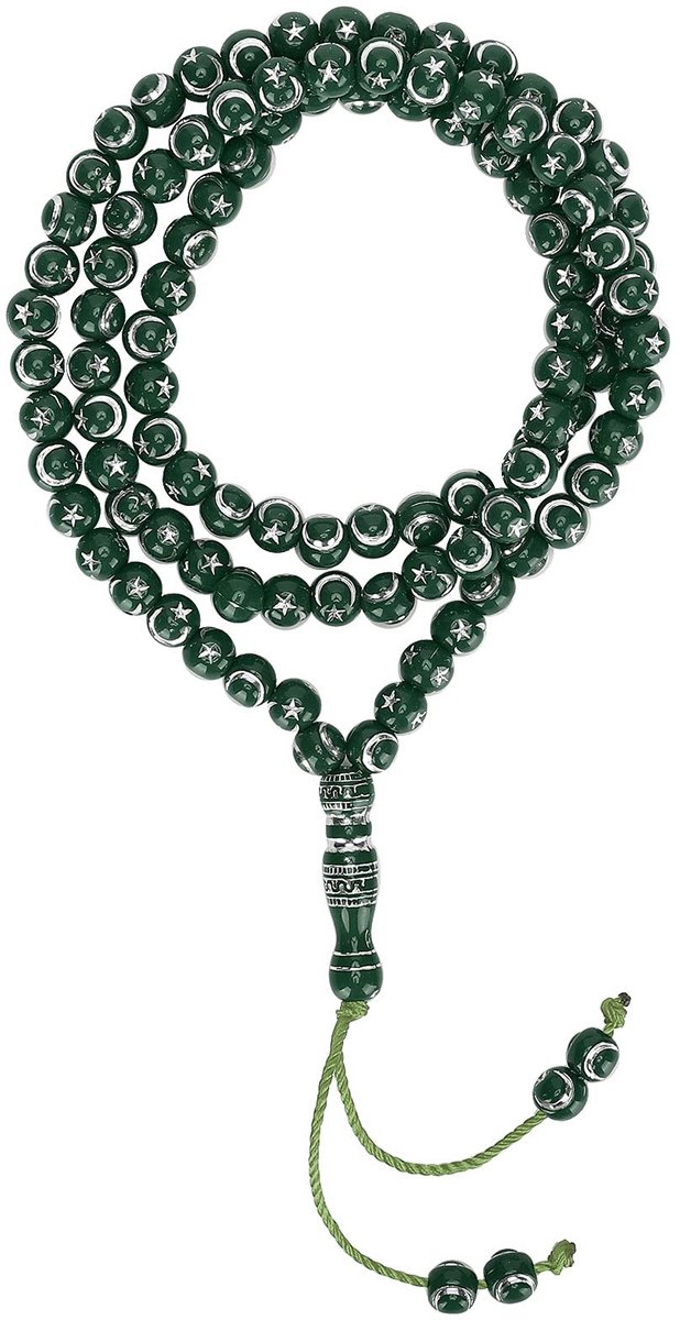 Dailygoods- Gebedskralen 99 Kralen - Moslim Rozenkrans - Hars - Groen - Maan/Ster Decoratie - 49 cm Lengte - Schokbestendig