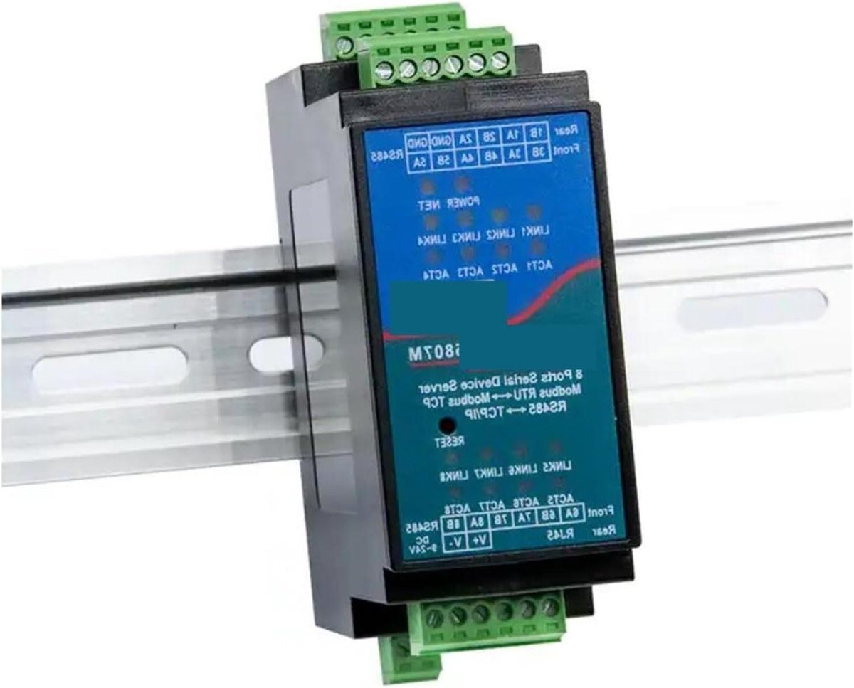 Industriële Seriële Server - RS485 naar Ethernet - Dataverzameling - 8 Poorten Railmontage - 9-24V Ingang - Grijs
