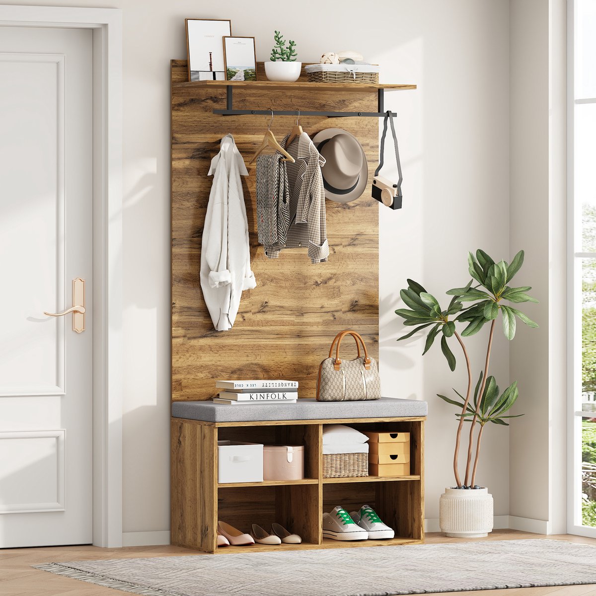 DESMIU Garderobeset - Compact Halmeubel Met Schoenenbank En Kledingstang - Voor Kleine Hal En Entree - Spaanplaat Eikenkleur - 84x35x175 Cm