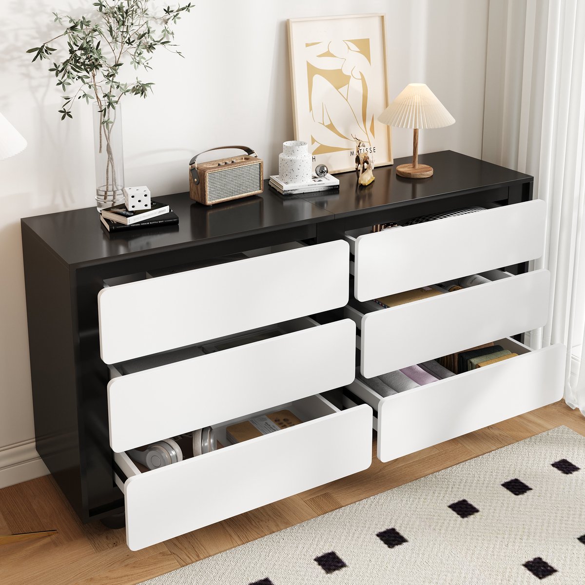 DESMIU Dressoir - Modern Opbergmeubel Met Zes Laden - Voor Woonkamer Slaapkamer En Hal - S