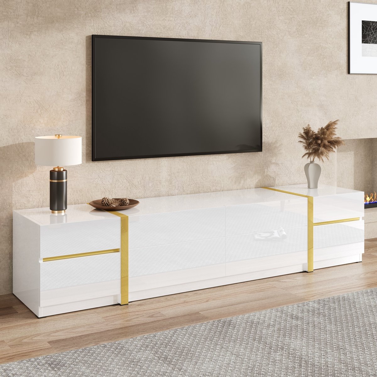 DESMIU Tv Meubel - Hoogglans Design Met 4 Lades En 2 Deuren - Veel Opbergruimte Voor Woonkamer - MDF En Spaanplaat - 180x40x38 Cm - Wit