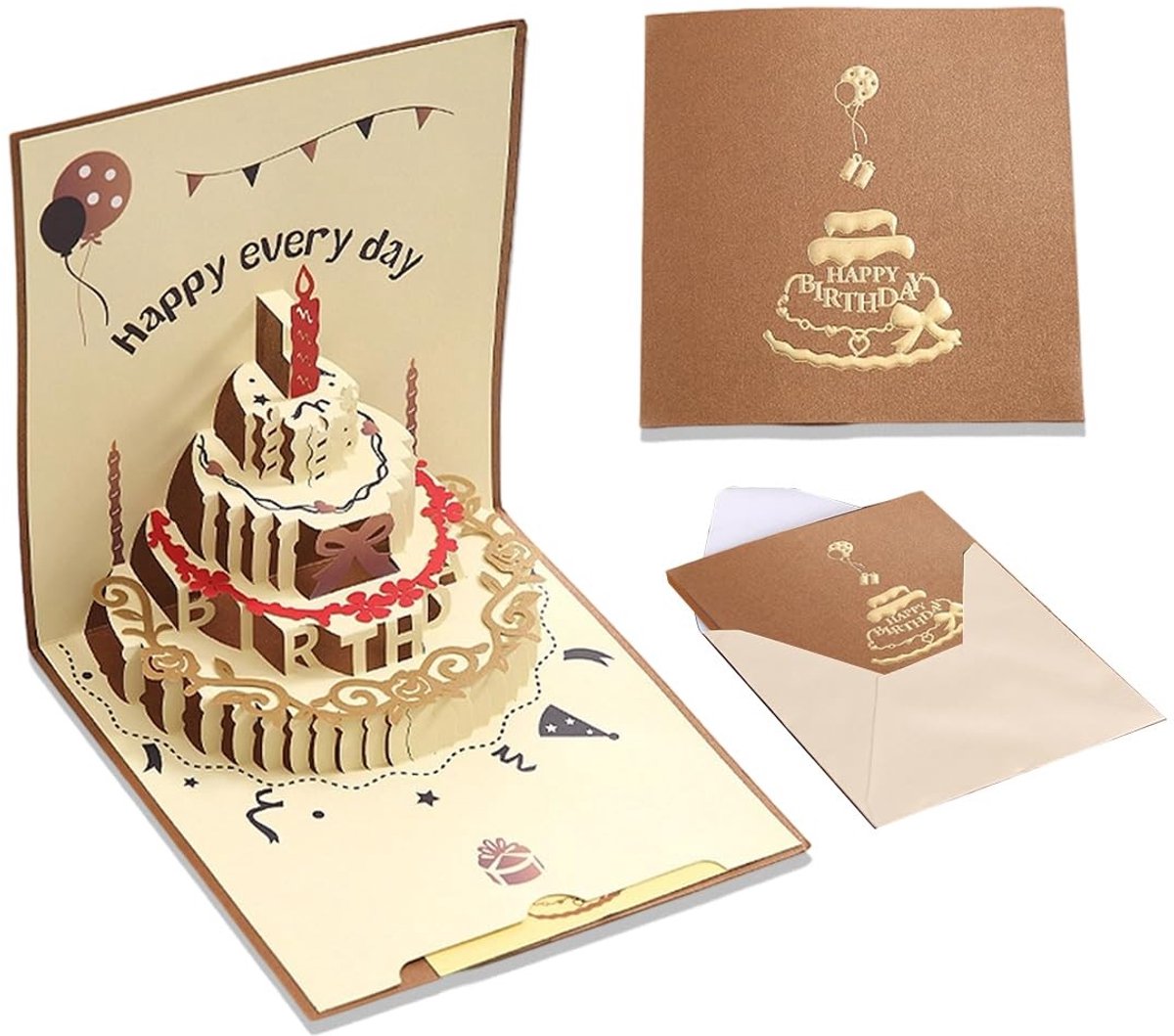 Dailygoods- Verjaardagskaart 3D - Pop-up wenskaart - Verjaardagstaart - Met envelop - Hoogwaardige kwaliteit - 14,5 x 14,6 cm