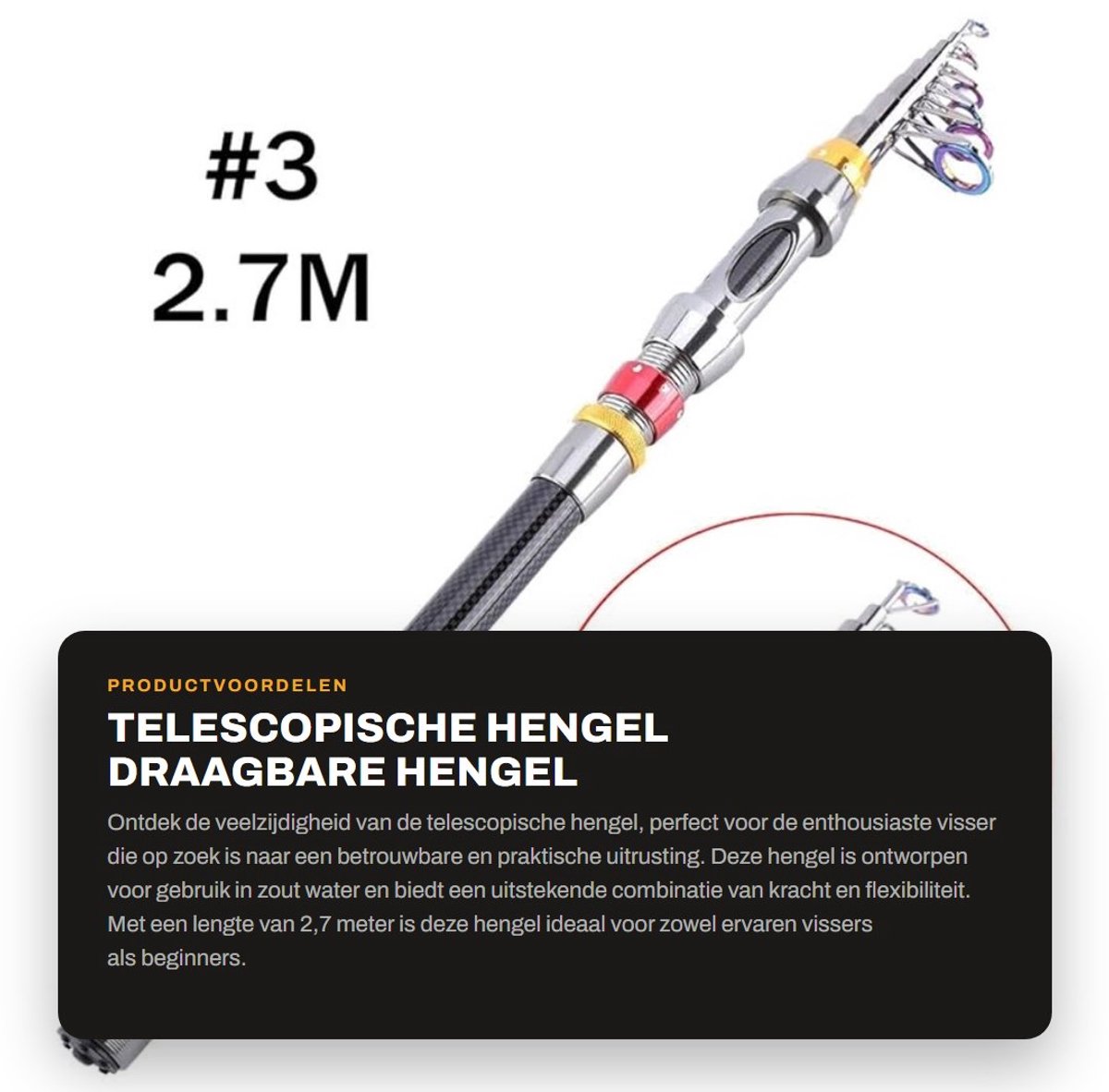 Dailygoods- Hengel Telescopisch 2,7 m - Draagbaar - Koolstofvezel - Intrekbaar - Harde Hengel - Voor Zout Water - Vishengel