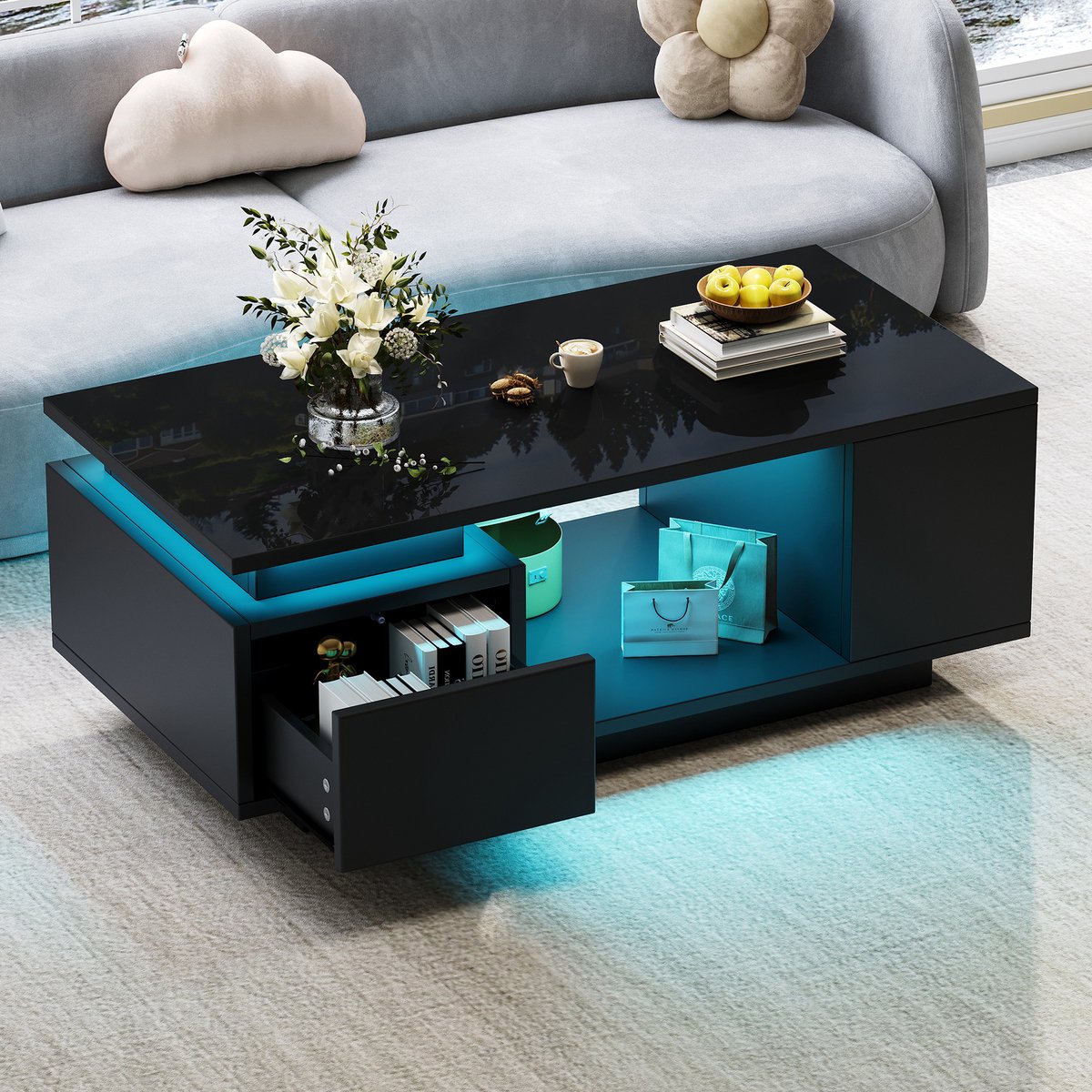 DESMIU Salontafel - Hoogglans Met Led En Lade - Voor Woonkamer En Ontspanning - Spaanplaat - Zwart - 100 X 50 X 36 Cm