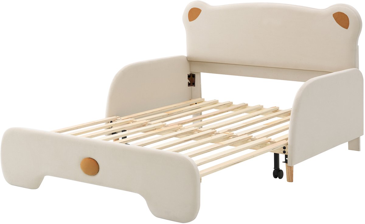 (Inclusief matras) Tweepersoonsbed in de vorm van een beer, gestoffeerd bed, kinderbed, slaapbank, uitschuifbed met zachte beschermranden, lattenbodem, fluwelen stof, beige (140x105 cm en 140x200 cm), witte schuimmatras.
