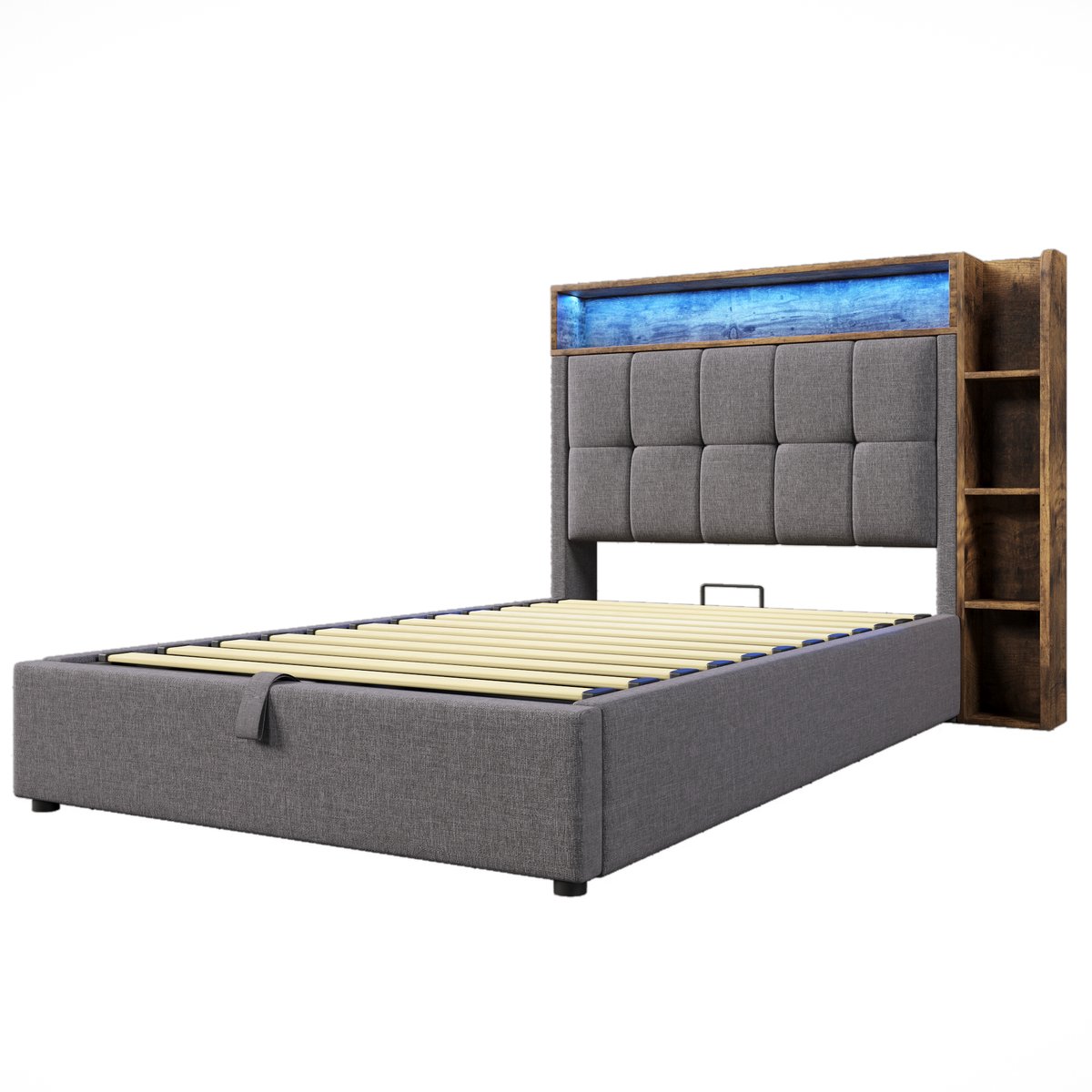 COVREO Bed 90x200 cm grijs stof MDF opbergruimte LED USB-C zonder matras