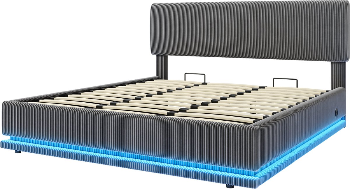 COVREO Polsterbed 180x200 cm - donkergrijs cord, LED-verlichting, USB-C en opbergruimte
