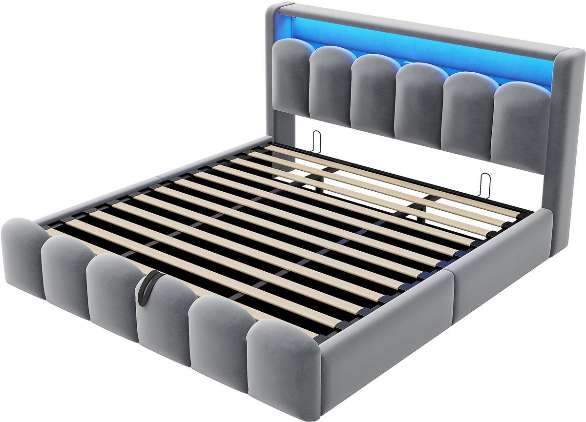 COVREO Bedframe 180x200 cm grijs gestoffeerd, opbergruimte, zonder matras