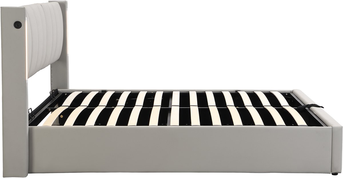 COVREO Bedframe 140x190 cm grijs PU met led en opbergruimte, zonder matras