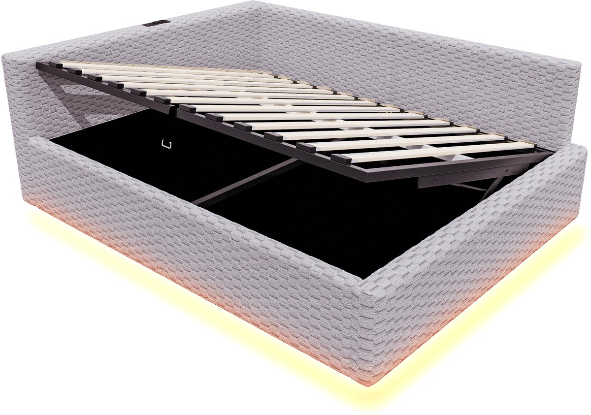 COVREO Bedframe met LED en 2 USB-aansluitingen – 140x200 cm – Stof met opbergruimte – Voor volwassenen – Grijs - zonder matras