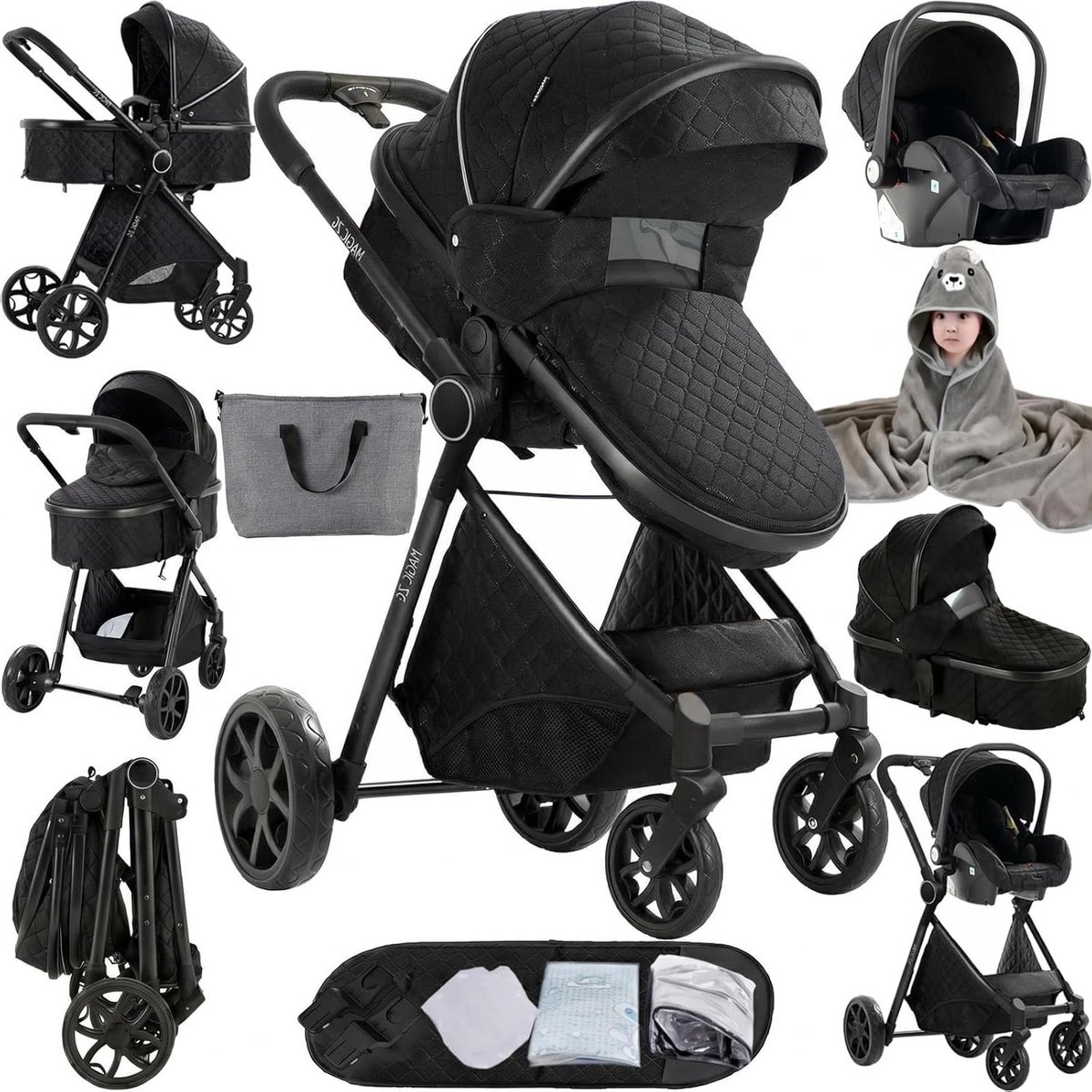 Combi kinderwagen - Reissysteem baby - Veilig op pad - Drievoudig schokdempingssysteem - 83 x 62 x 106 cm - Zwart