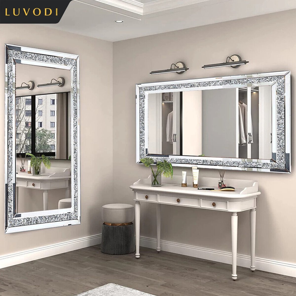 Dailygoods - Grote Zilveren Wandspiegel met Sprankelende Kristal Strass - Frameloze Dressing Spiegel voor Thuis en Hotel
