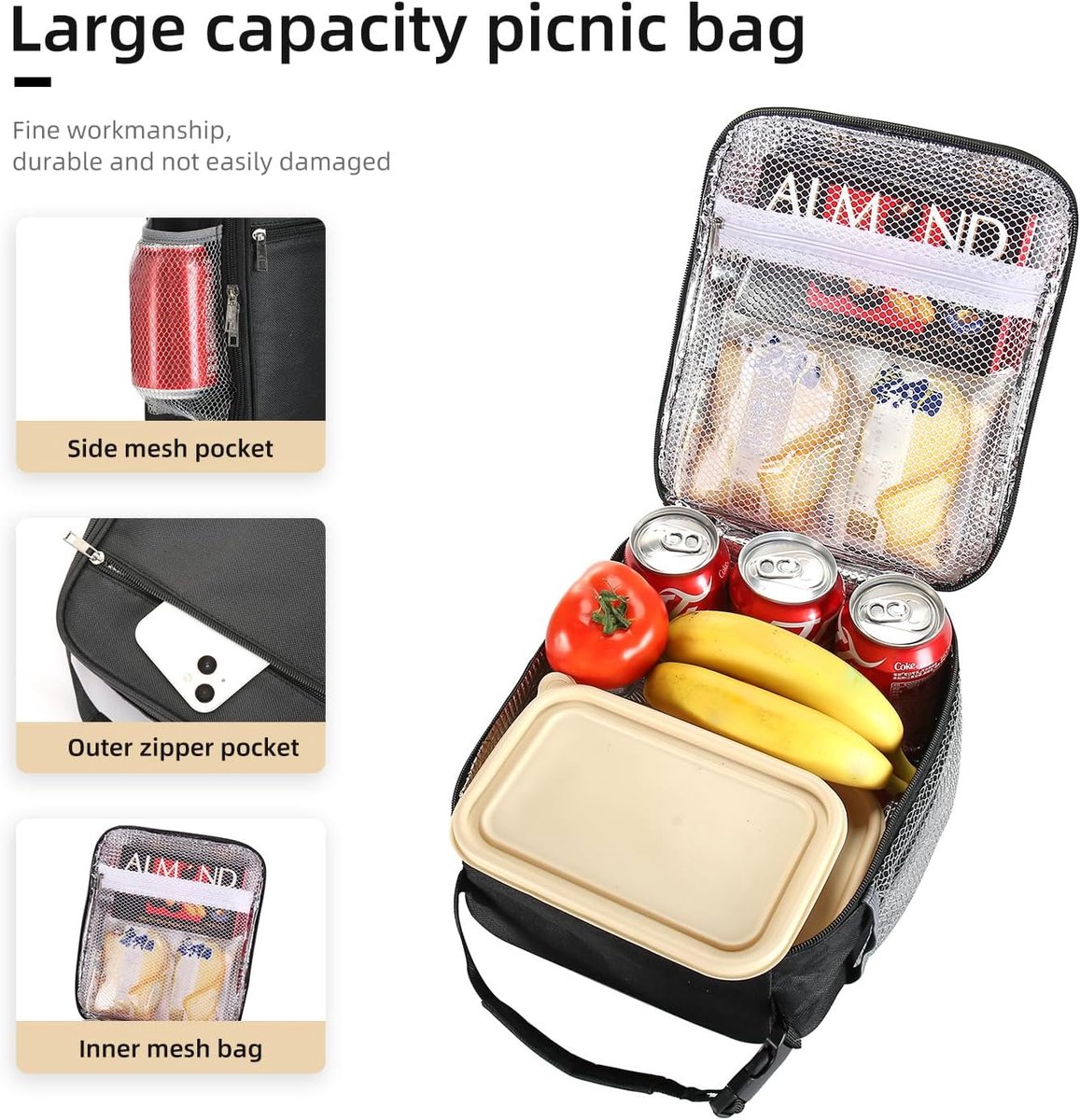 Draagbare Koeltas - Lunchtas - Geïsoleerde Lunch Tas - Thermal Bag - Compact & Handig - Grote Capaciteit - School - Lunch - Werk - Zwart - Meerlaagse Verdikte Aluminiumfolie - Voor Picknicks, Kamperen, Werk, Het Dagelijks Leven — cadeau in Cadeau-ideeën - foto 7