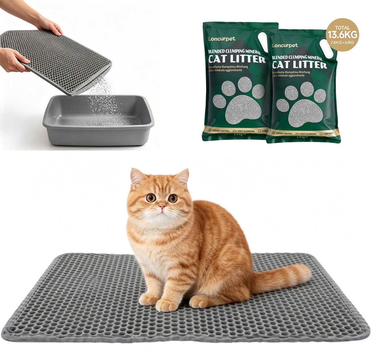 Loncurpet Kattenbakmat Met Kattenbakvulling - Natuurlijk Ruw Erts - 60x40cm - Grijs Kattenmat - Uitloopmat Grit opvanger - Honingraatstructuur - Waterdicht - Eco‑friendly - Opvang ruimte