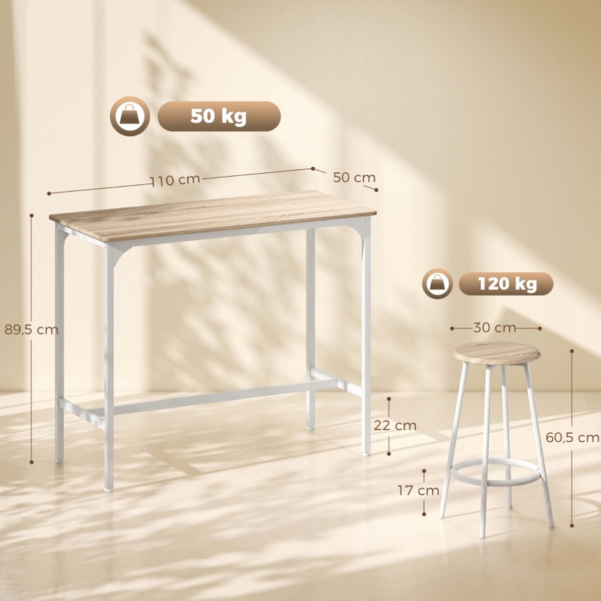 COVREO Bartafel set 110x50x89,5 cm oak, industrieel, 4 barhockers